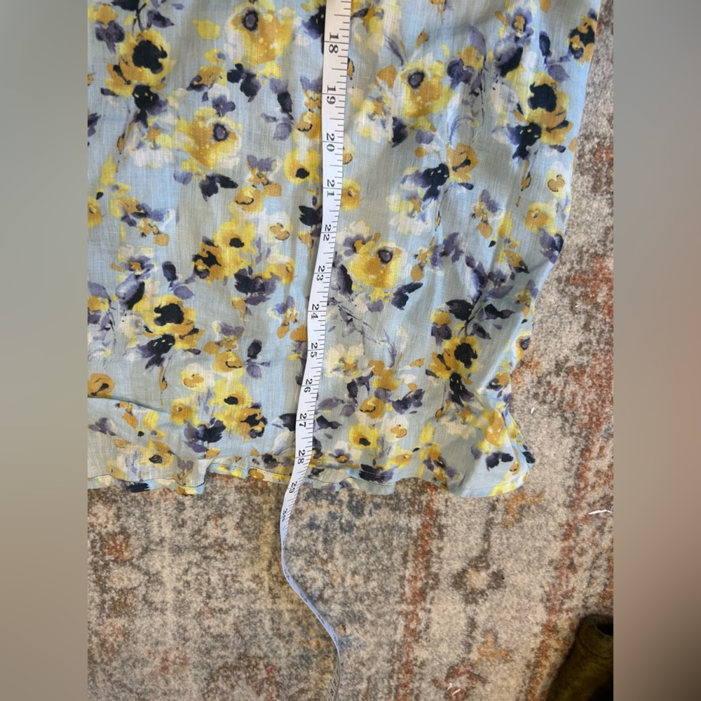 J. Jill love linen floral 100% linen blouse top Size L blue Yellow Roll Tab - Picture 10 of 11